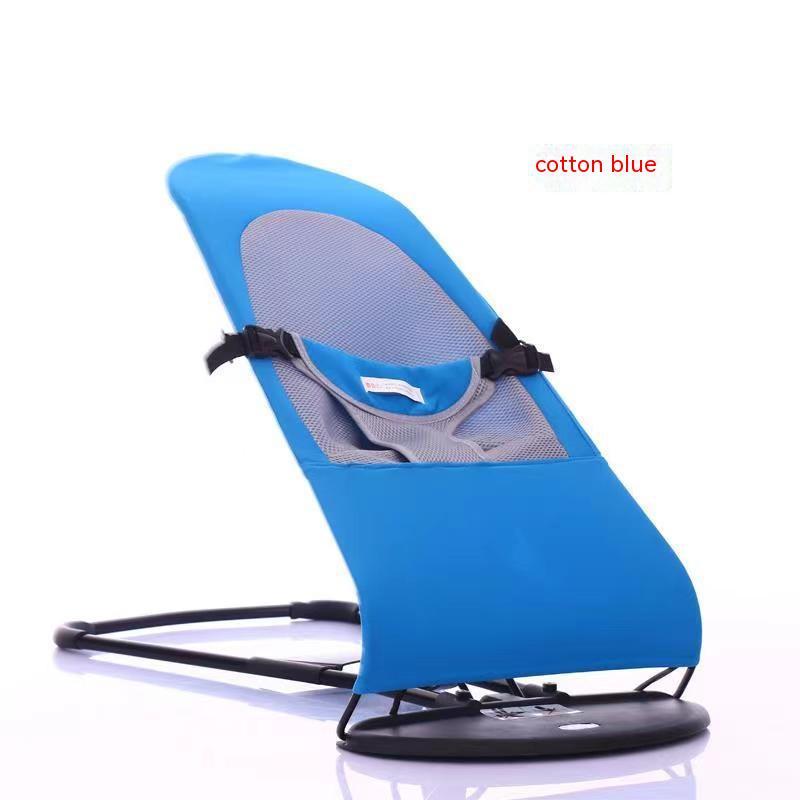Blue baby bouncer with black straps on a white background