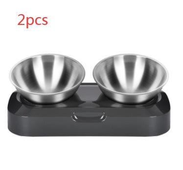Stainless steel double pet feeder with black base on a white background