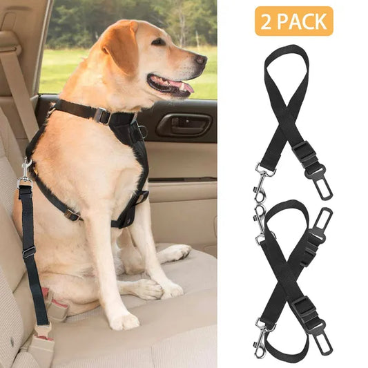 Dog wearing a black harness in a car with a close-up of the harness on a white background.