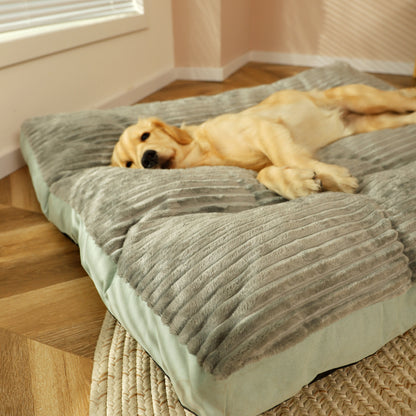 Dog lying on a fluffy pet bed in a home setting