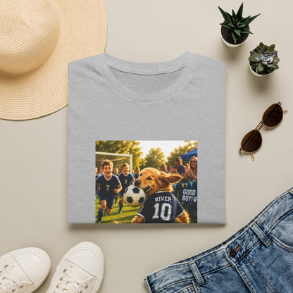 A folded light gray T-shirt is displayed in a styled flat lay on a light beige surface. The shirt features a rectangular printed graphic of a dog in a soccer jersey with the text 'RIVER 10' and 'GOOD BOY'.