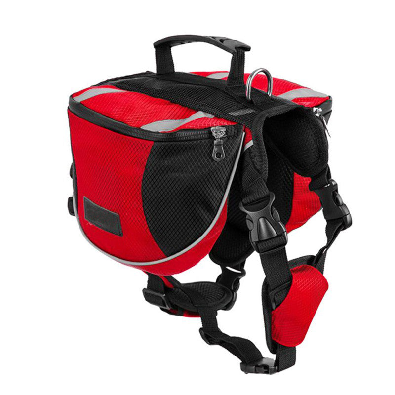 Red and black dog harness with a bag on a white background