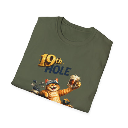 19th Hole funny cat golf T-shirt in military green with orange tabby golfer