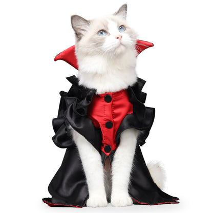 Cat wearing a black and red vampire costume on a white background