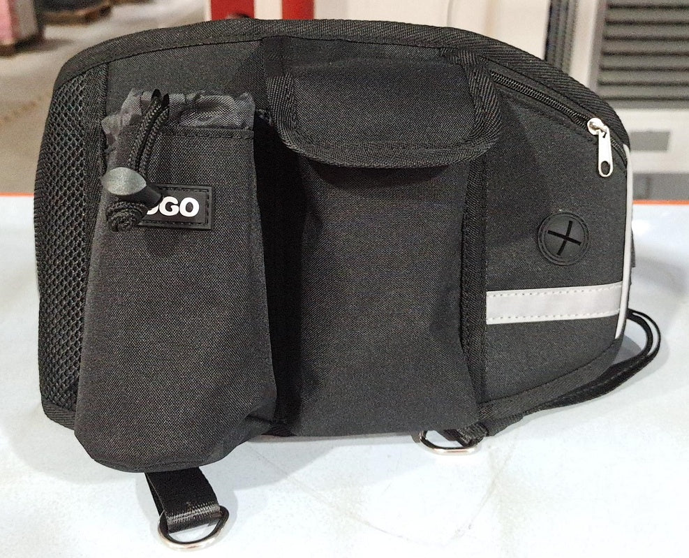 Black motorcycle saddlebag with reflective strip on a white background