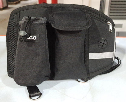 Black motorcycle saddlebag with reflective strip on a white background