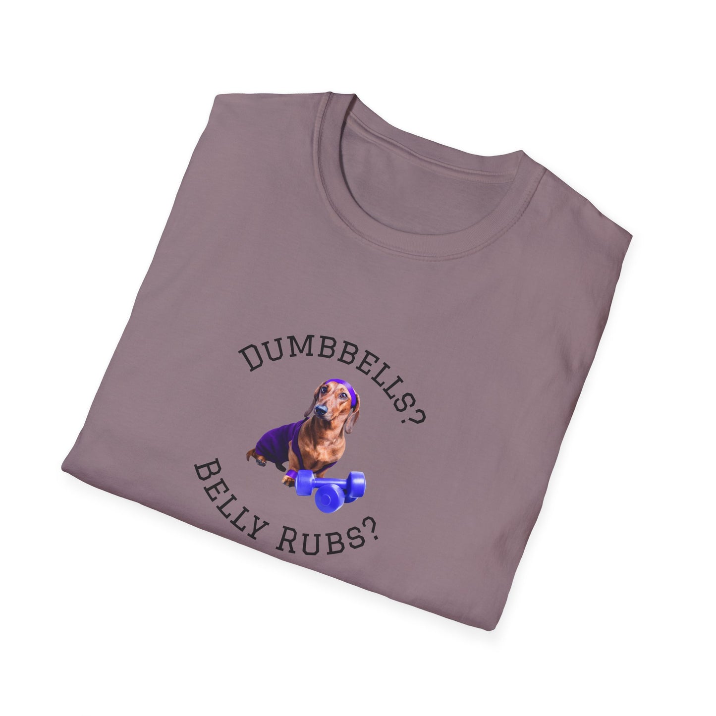 Folded t-shirt with a dog graphic and text on a white background