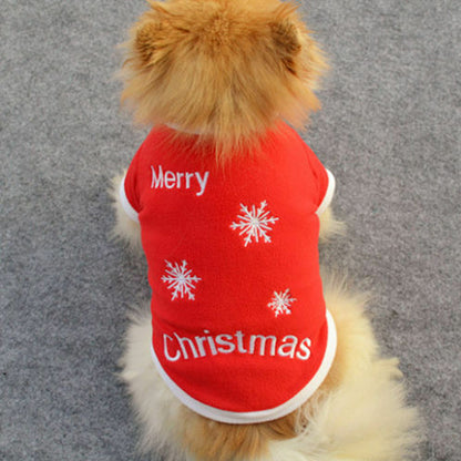 Red Christmas fleece pet costume with Merry Christmas and snowflakes design, shown from the  back 