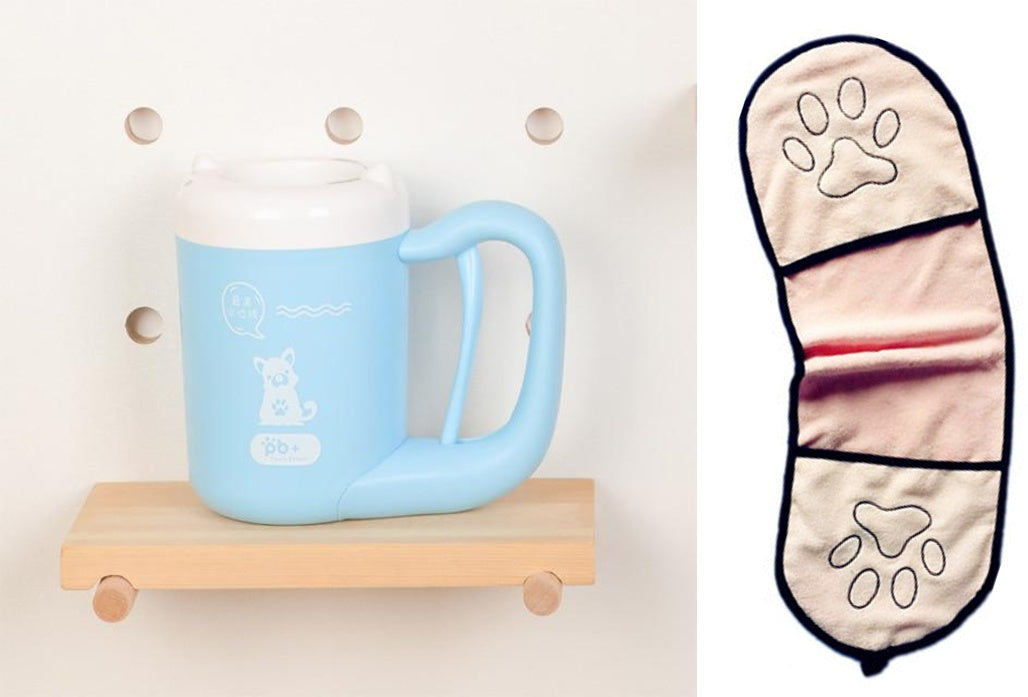 Blue mug on a wooden shelf with a paw print design on a white background