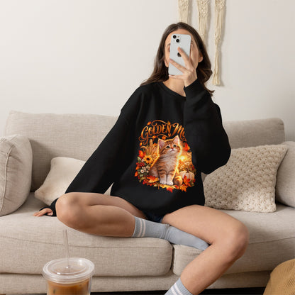 Black Golden Moments fall kitten crewneck sweatshirt with autumn leaves, flowers and pumpkin design
