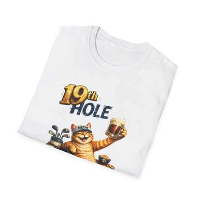 19th Hole funny cat golf T-shirt in white with orange tabby golfer