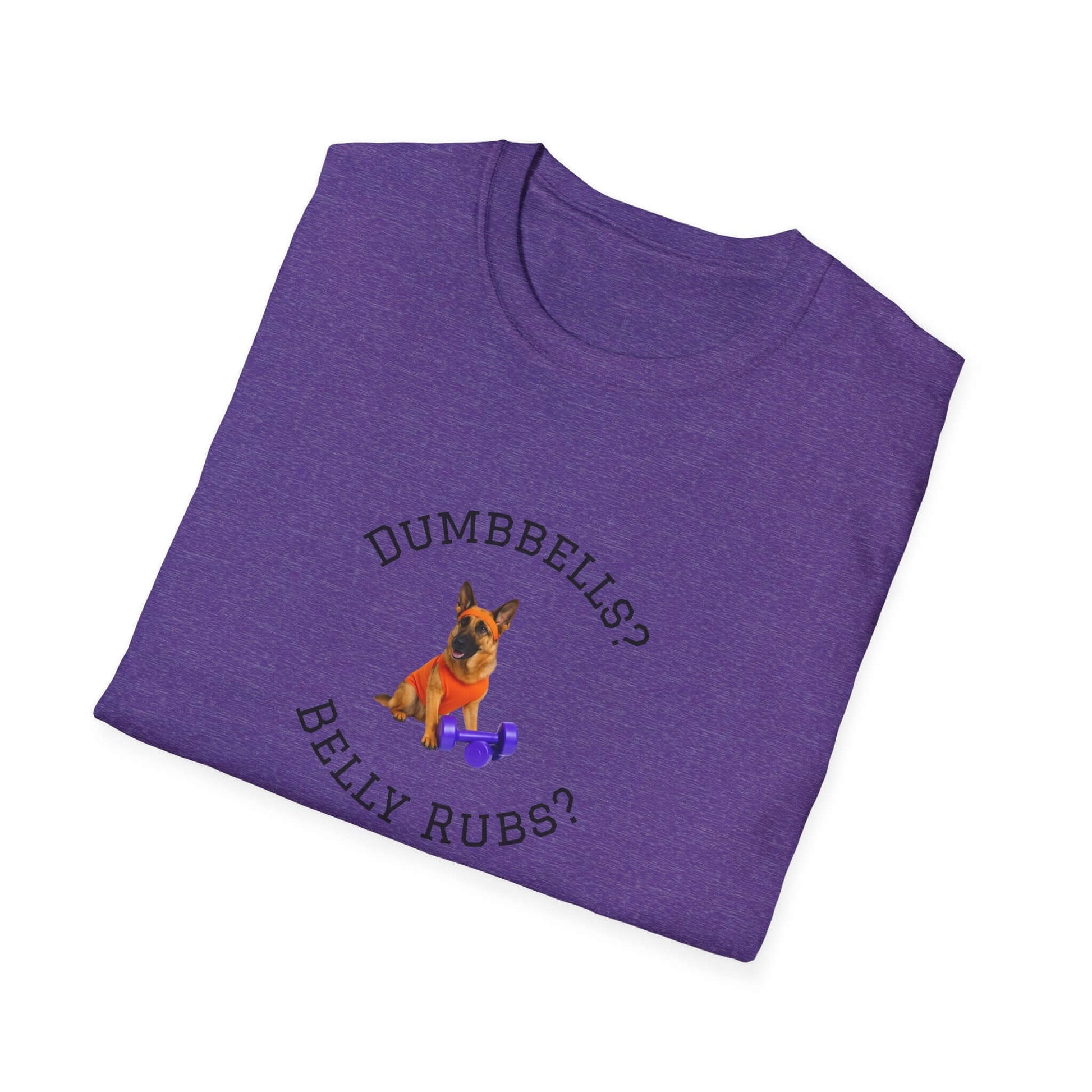 German Shepard Dog Lover Workout Tee –“Belly Rubs or Dumbbells?” folded purple shirt with dog illustration and text.