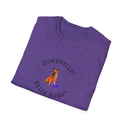 German Shepard Dog Lover Workout Tee –“Belly Rubs or Dumbbells?” folded purple shirt with dog illustration and text.