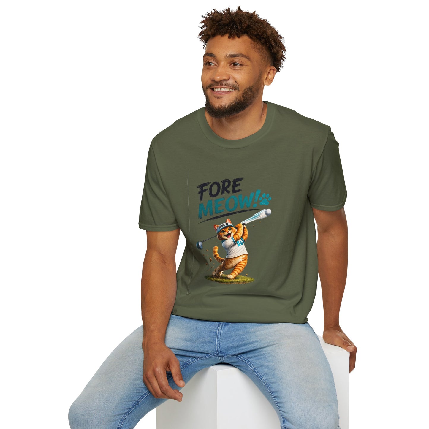 Fore Meow funny cat golf T-shirt – Military Green