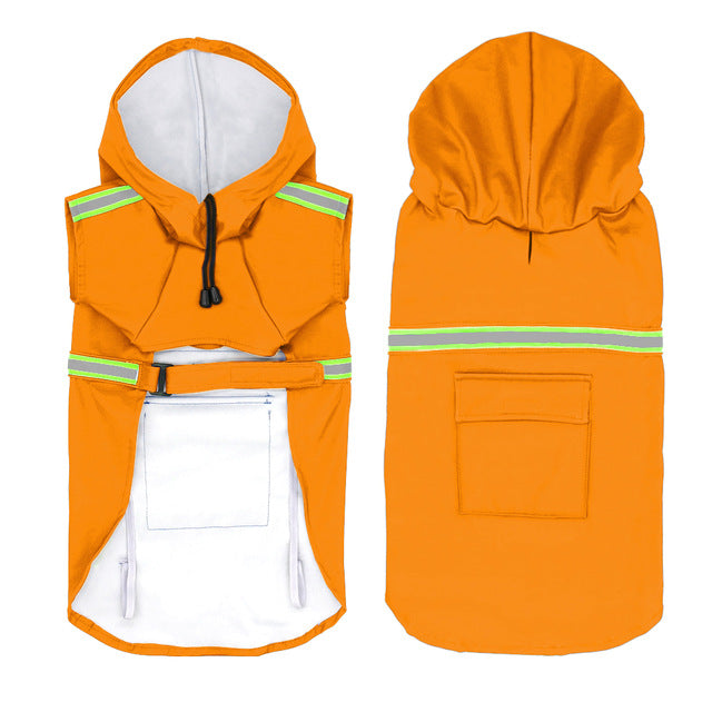 Orange raincoat with reflective stripes on a white background