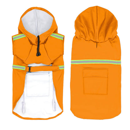 Orange raincoat with reflective stripes on a white background