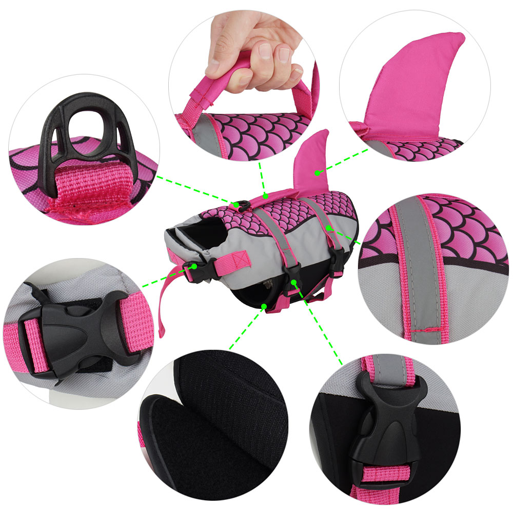 Dog life jacket with pink and gray design, shown from multiple angles on a white background.