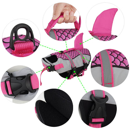 Dog life jacket with pink and gray design, shown from multiple angles on a white background.
