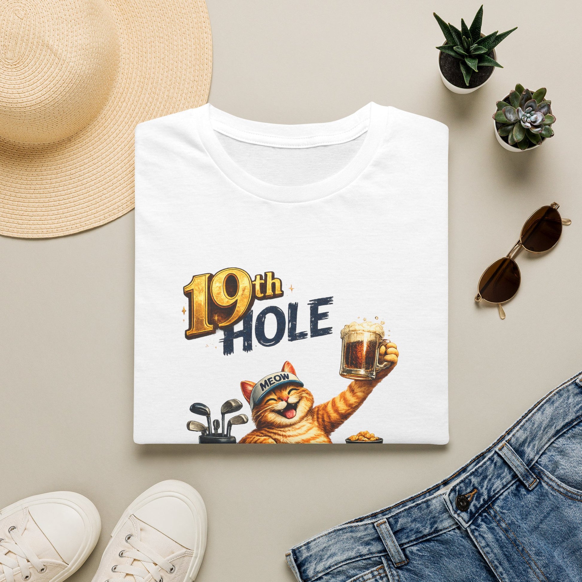 A folded white graphic T-shirt is arranged in a styled flat lay on a light beige surface. The shirt features a cartoon orange tabby cat wearing a golf cap and holding a mug, with the text '19th HOLE' above it.