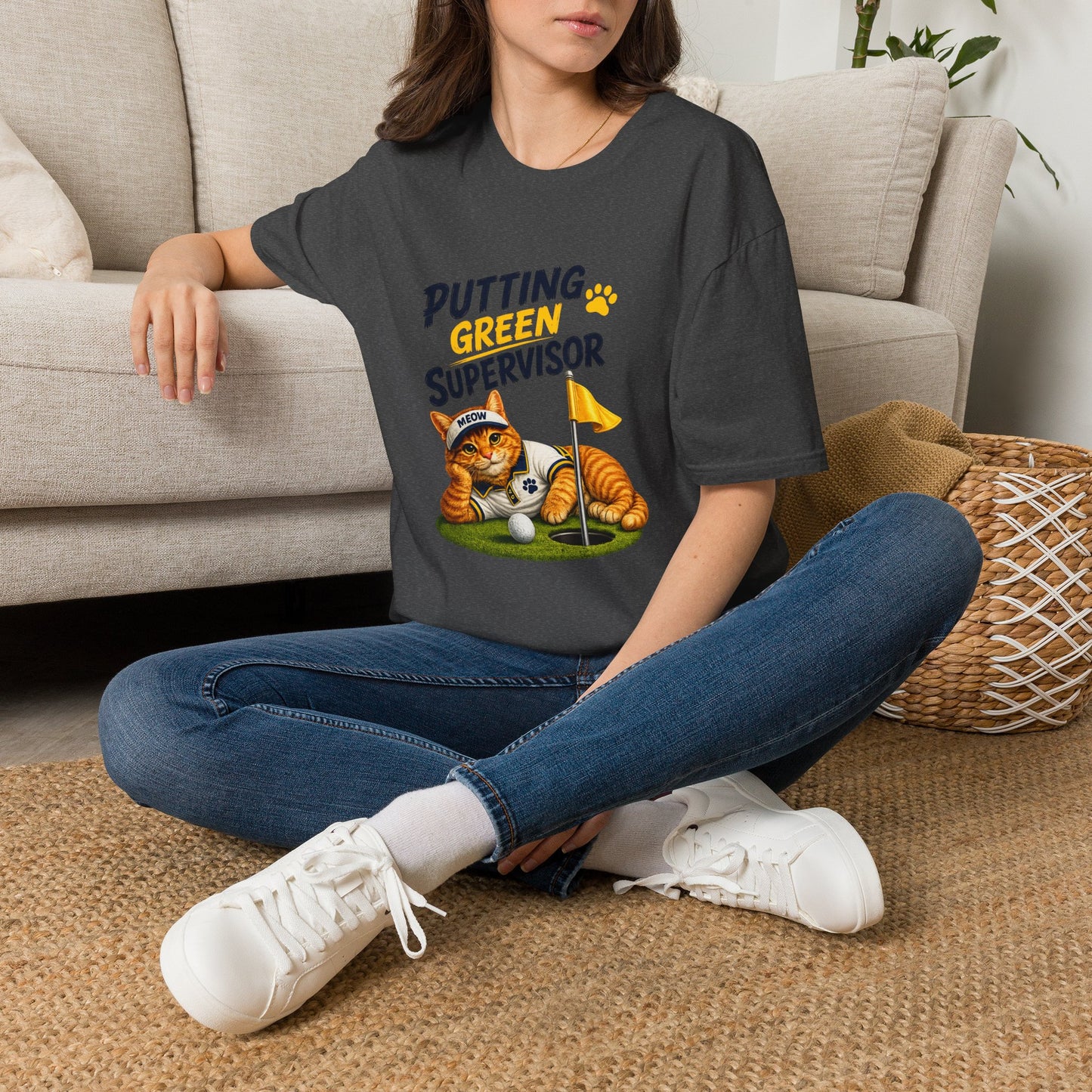 Putting Green Supervisor funny cat golf T-shirt with orange tabby beside golf hole-dark heather