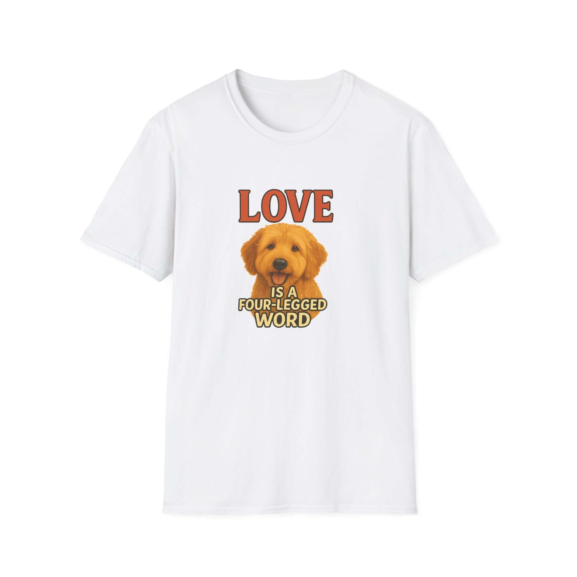 Goldendoodle Tee: "Love Is a Four-Legged Word" for dog lovers, featuring a cute pup design, perfect pet accessory.