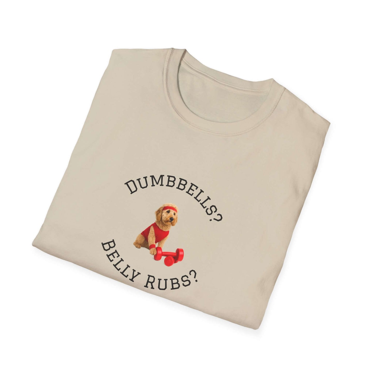 Goldendoodle Dog Lover Workout Tee – “Belly Rubs or Dumbbells?” featuring cute dog lifting dumbbells.
