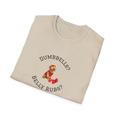 Goldendoodle Dog Lover Workout Tee – “Belly Rubs or Dumbbells?” featuring cute dog lifting dumbbells.