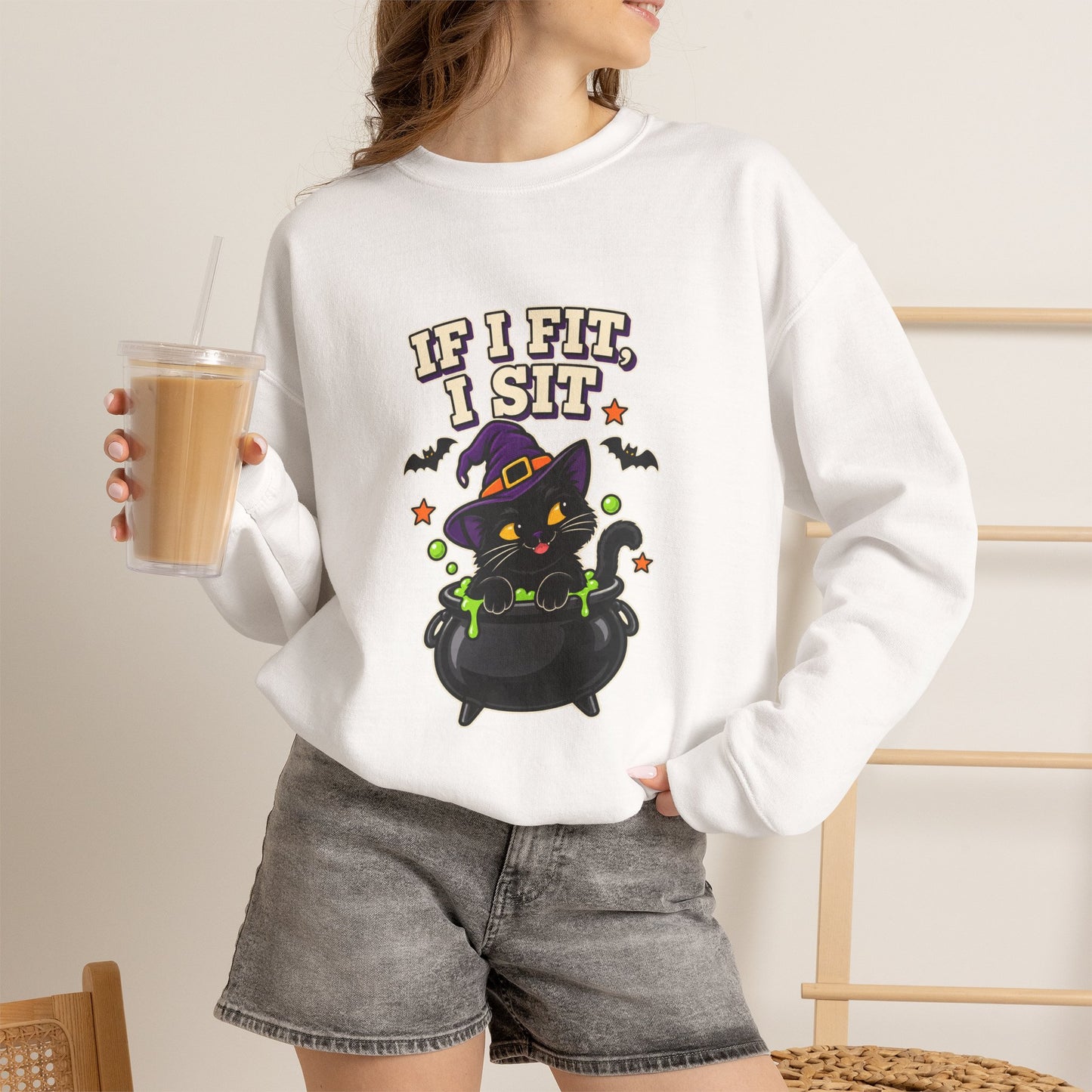 If I Fit, I Sit Witch Cat Halloween Sweatshirt – Cauldron Cat Crewneck