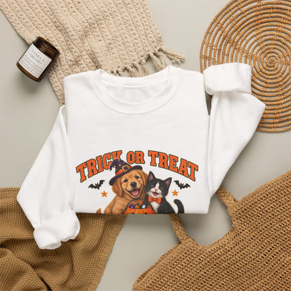 Trick or Treat Crew puppy and kitten Halloween sweatshirt in white
