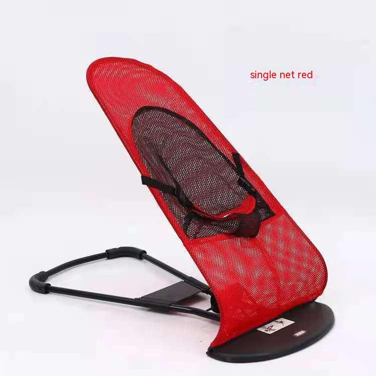 Red baby bouncer with black mesh seat on a white background