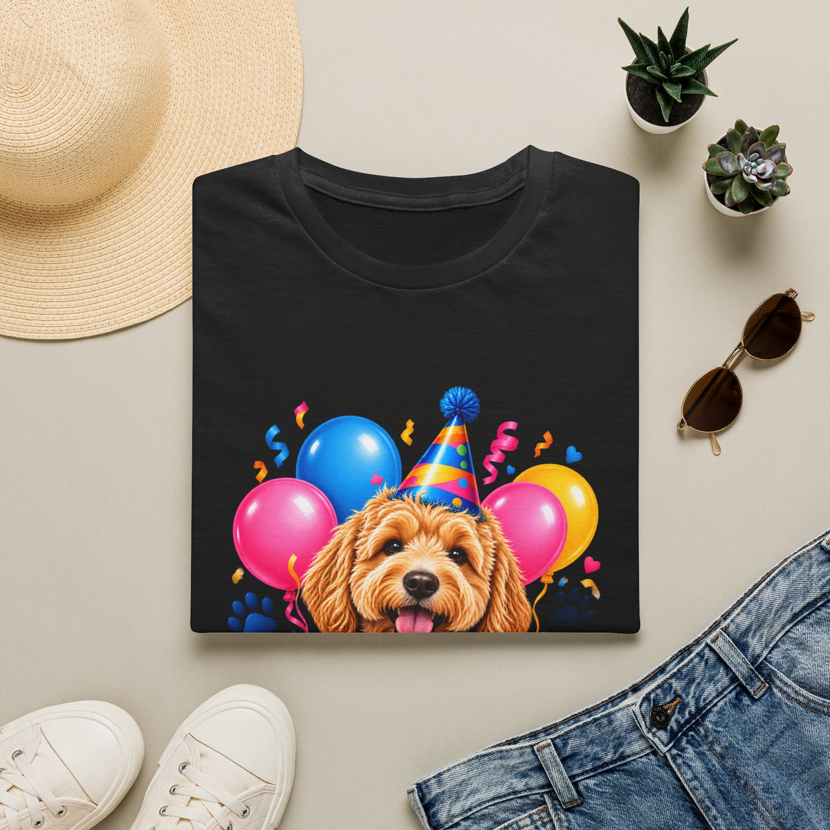 Folded Black Birthday Dog T-Shirt with colorful puppy birthday party design