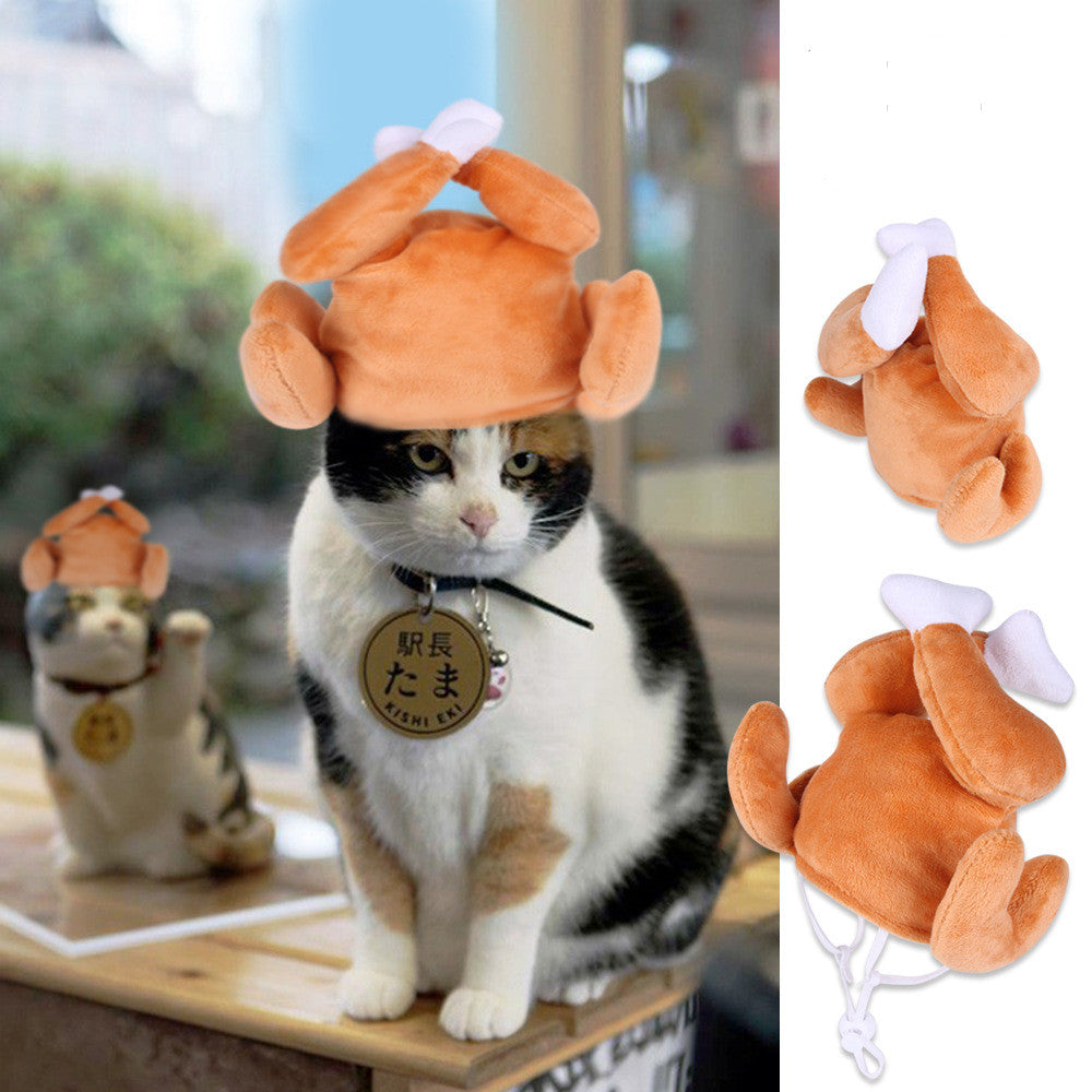 Cat wearing a plush dog costume with a close-up of the costume on a white background.