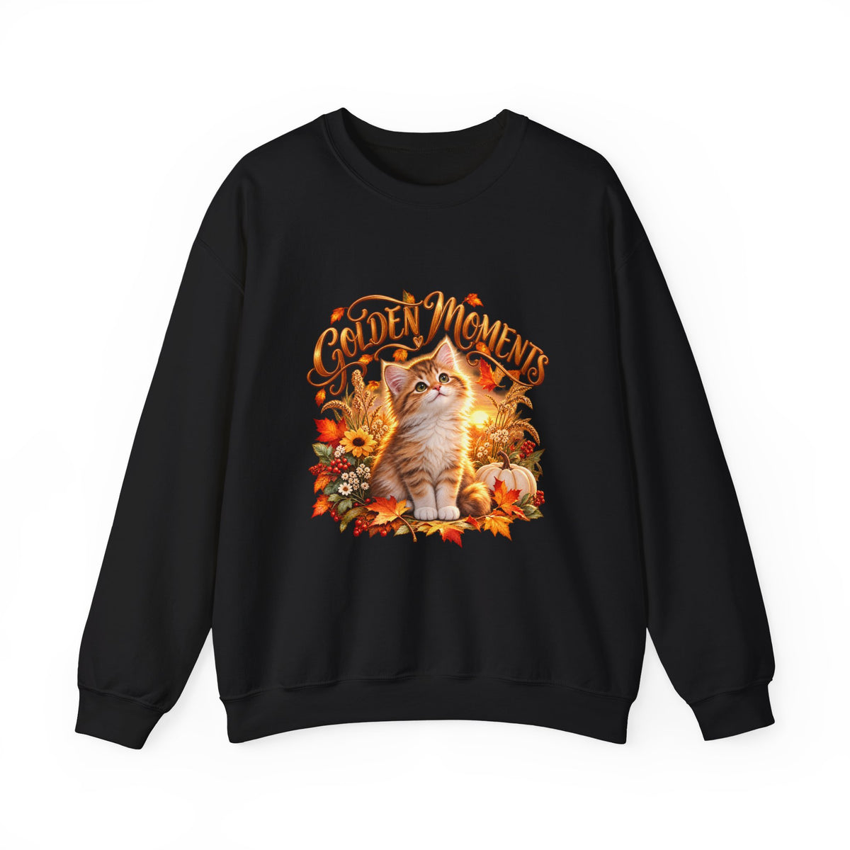 Black Golden Moments fall kitten crewneck sweatshirt with autumn leaves, flowers and pumpkin design
