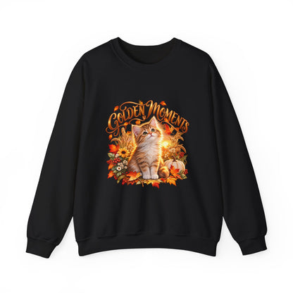Black Golden Moments fall kitten crewneck sweatshirt with autumn leaves, flowers and pumpkin design
