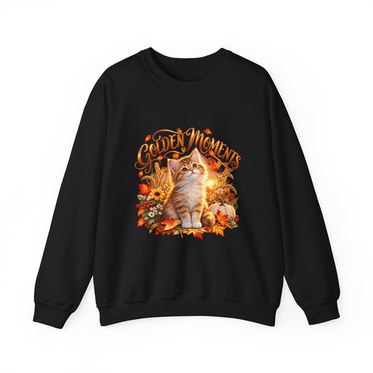 Black Golden Moments fall kitten crewneck sweatshirt with autumn leaves, flowers and pumpkin design
