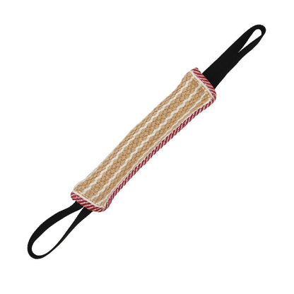 Dog toy with striped pattern and black handle on a white background