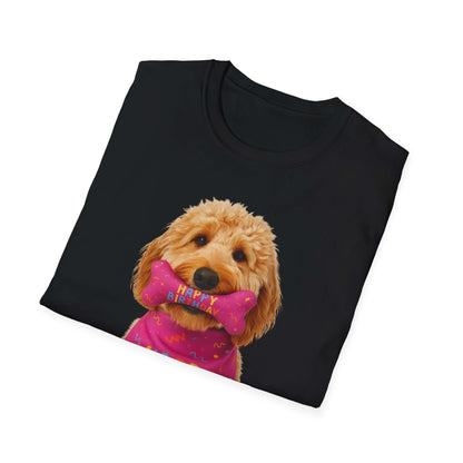 Birthday Dog T-Shirt featuring a cute doodle pup with a bone-shaped birthday gift, perfect pet accessory for dogs.