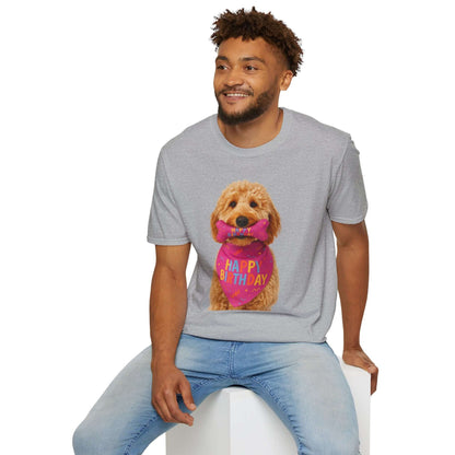 Birthday Dog T-Shirt featuring a cute doodle pup with a birthday bow tie for pet celebrations and dog lovers.