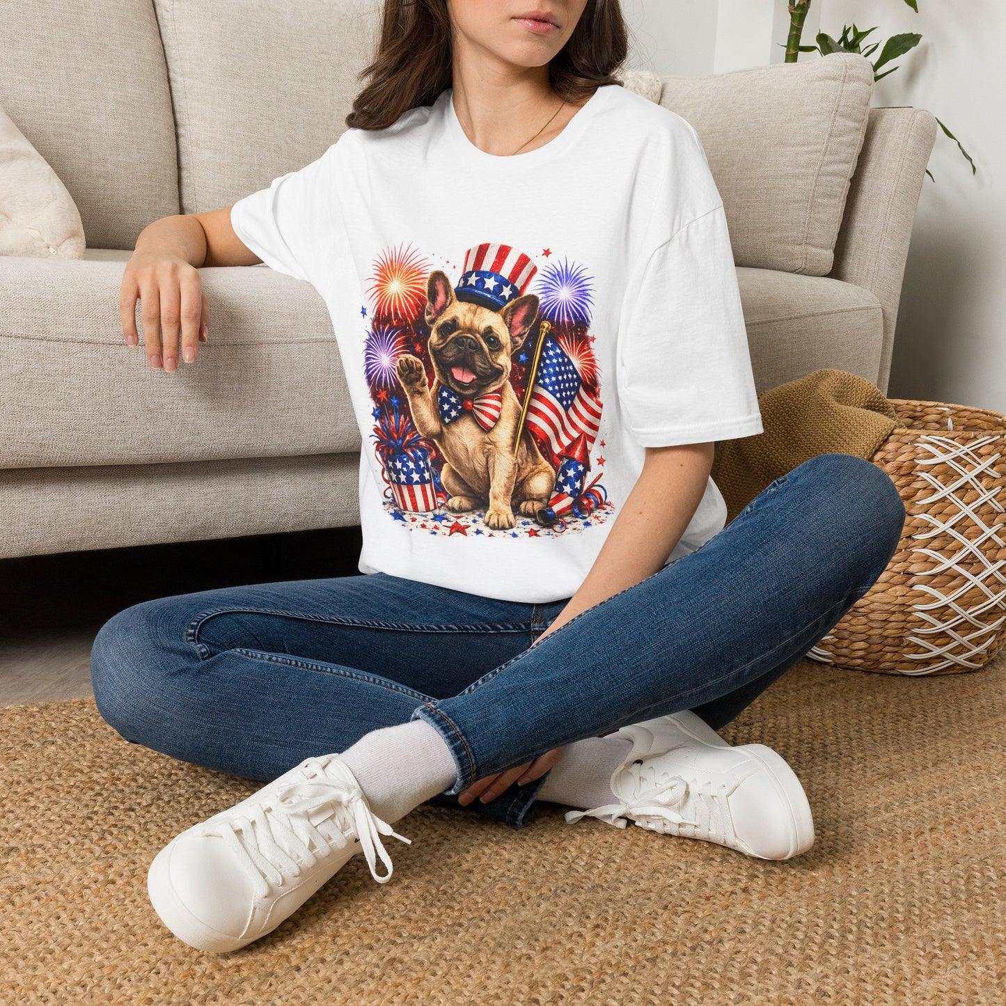 Person wearing a white t-shirt with a humorous text design sitting on a couch.