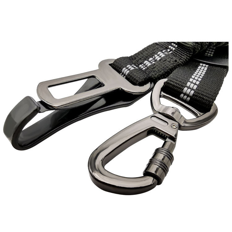 Metal carabiner with a black strap on a white background