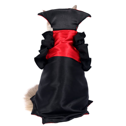 Dog costume with black cape and red interior on a white background