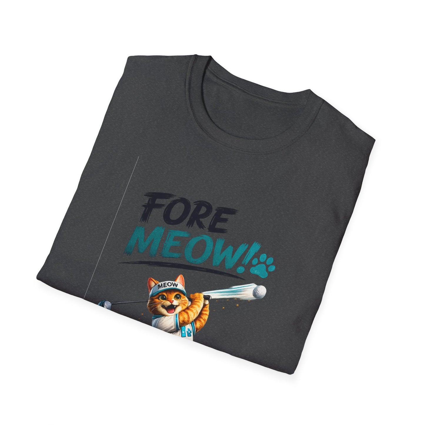 A dark charcoal gray folded t-shirt featuring a cartoon graphic of an orange tabby cat playing golf with the text 'FORE MEOW!' in dark gray and teal, on a plain white background.