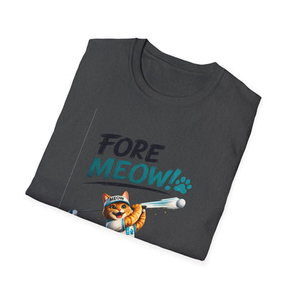 A dark charcoal gray folded t-shirt featuring a cartoon graphic of an orange tabby cat playing golf with the text 'FORE MEOW!' in dark gray and teal, on a plain white background.