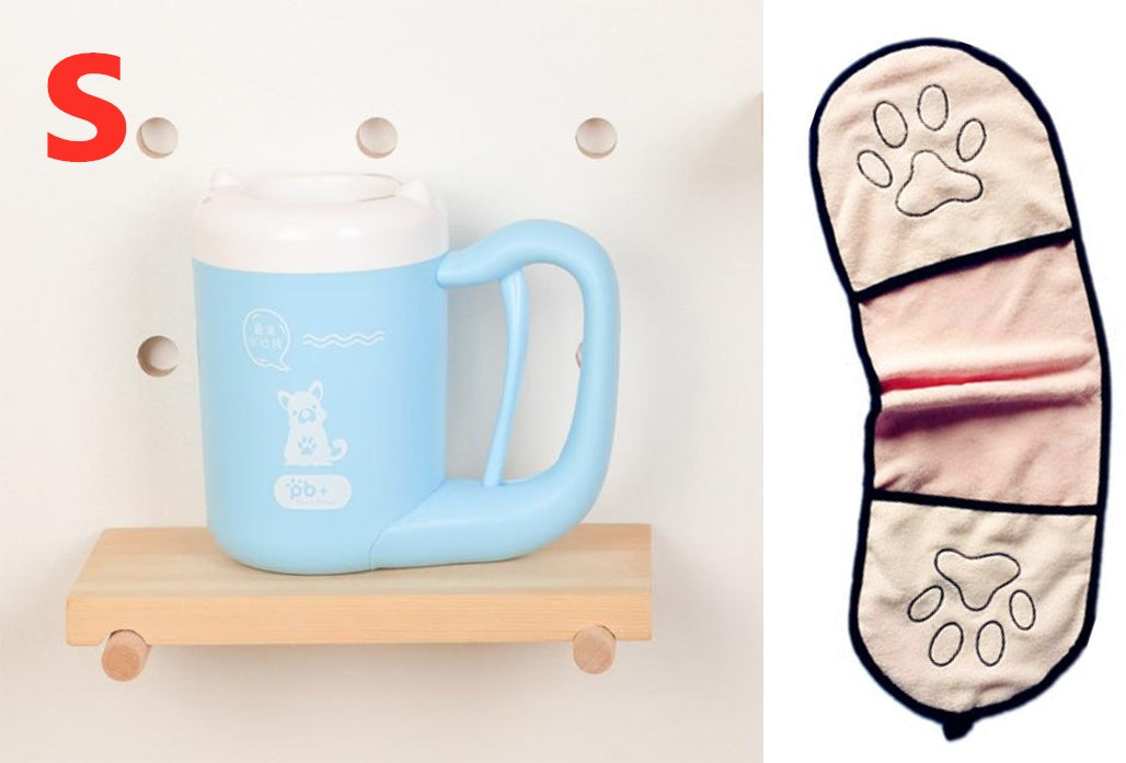 Blue mug on a wooden shelf with a paw print design on a white background