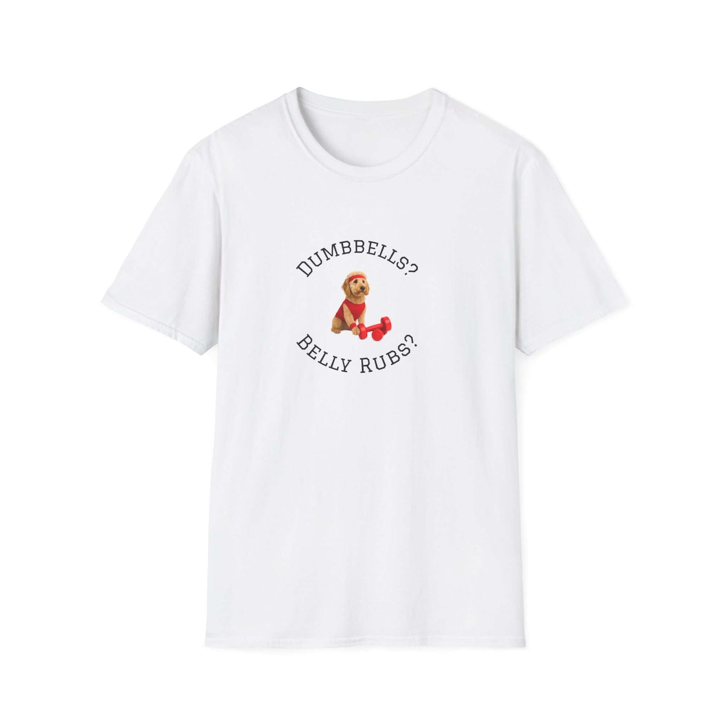 Goldendoodle Dog Lover Workout Tee – “Belly Rubs or Dumbbells?” featuring a cute dog graphic.