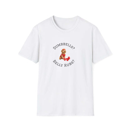 Goldendoodle Dog Lover Workout Tee – “Belly Rubs or Dumbbells?” featuring a cute dog graphic.