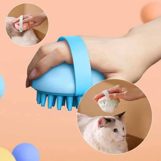 Pet grooming tool with a hand using it and a cat receiving care, on a peach background.