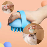 Pet grooming tool with a hand using it and a cat receiving care, on a peach background.