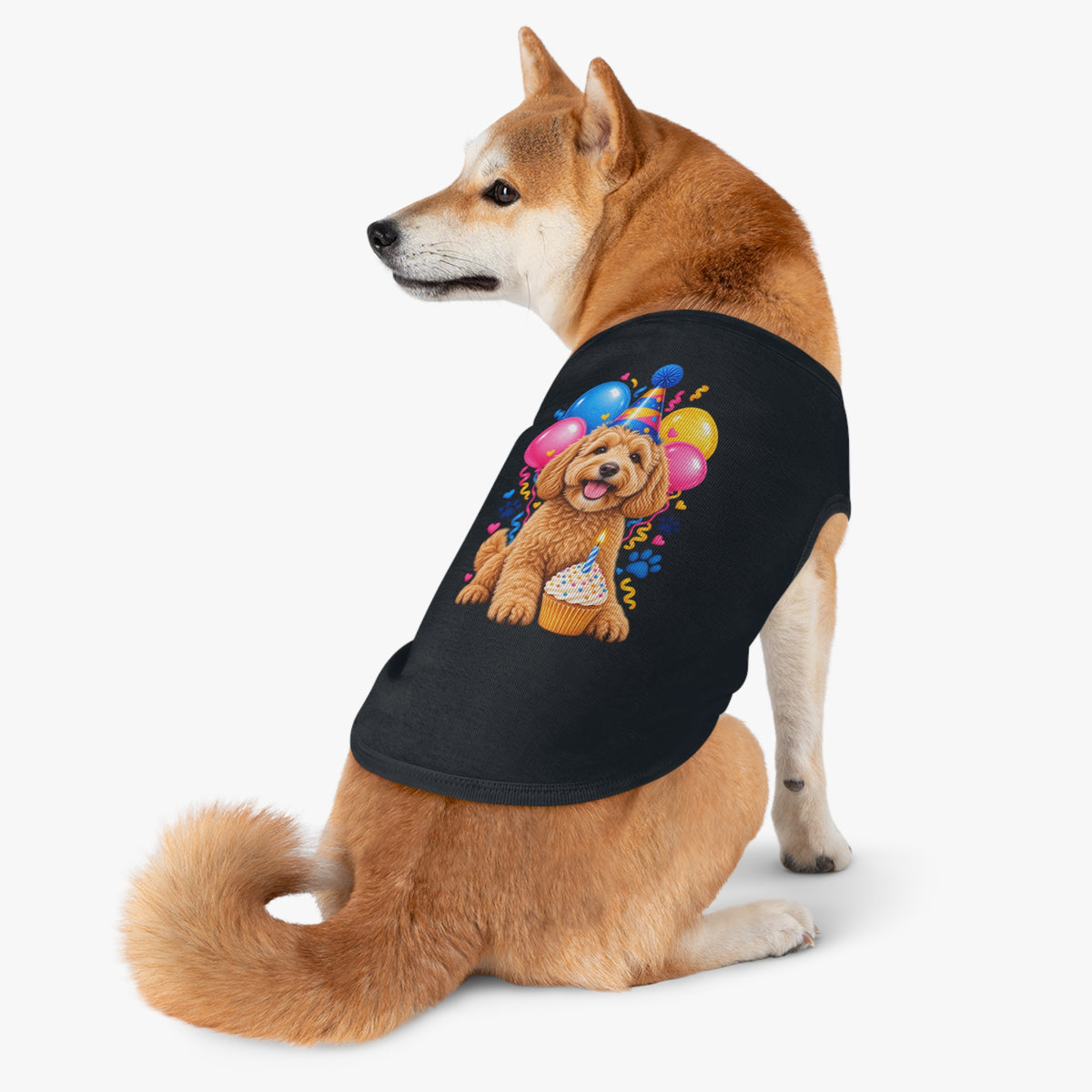 Dog wearing black Birthday Dog Tank Top with colorful puppy birthday design