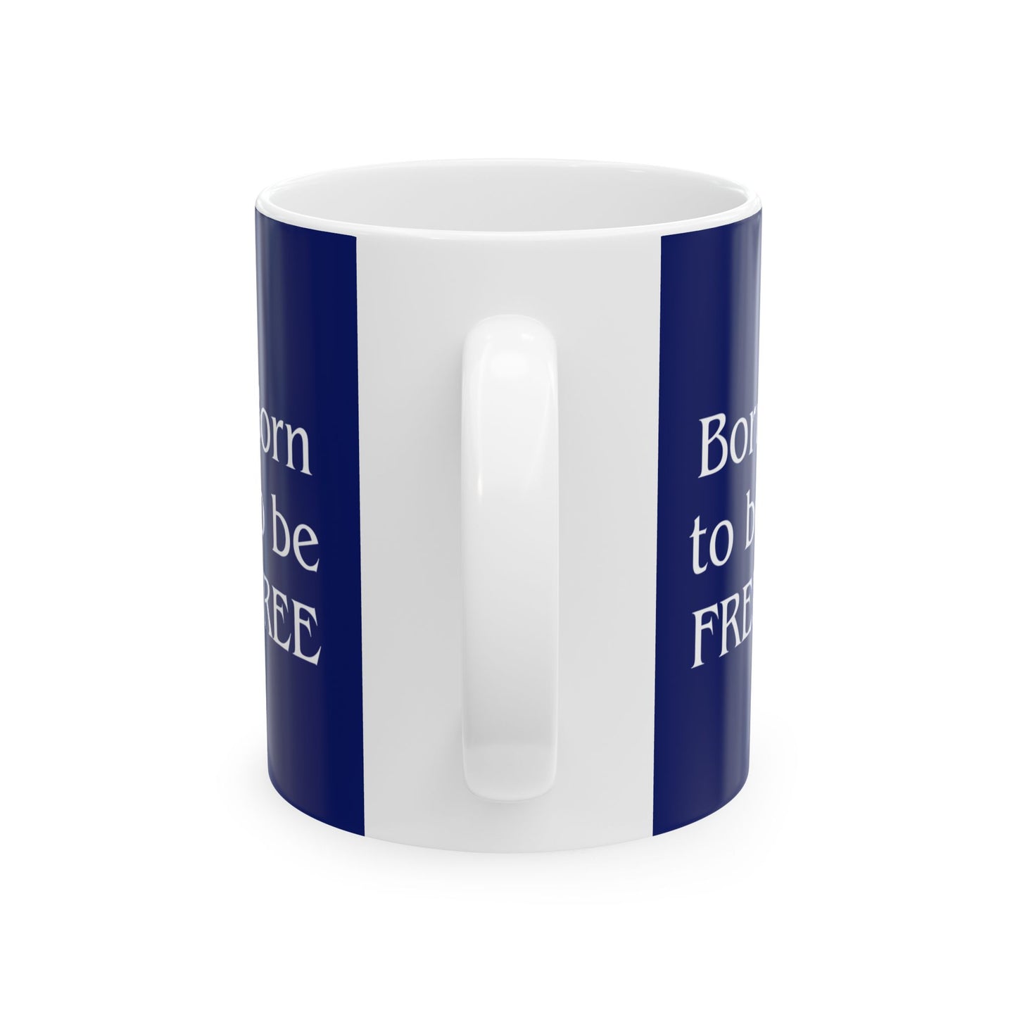 White mug with blue stripes and text on a white background